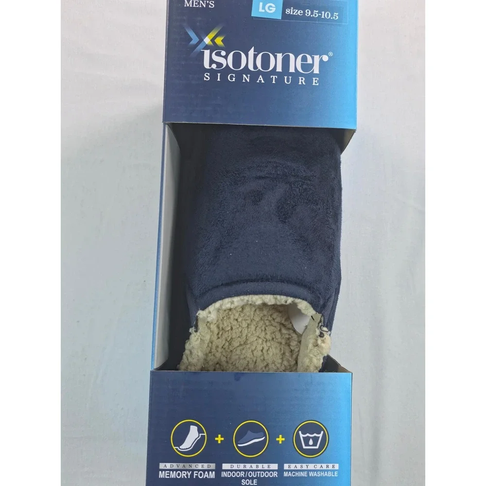 Isotoner Mens Slippers 9.5-10.5 Large Navy Blue Microsuede Memory Foam Moccasin
